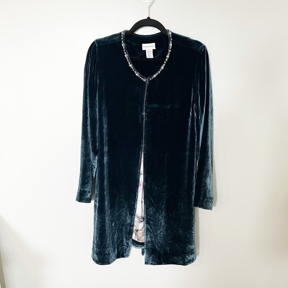 Soft surroundings velvet blue embellished cardigan‎ duster women’s size medium